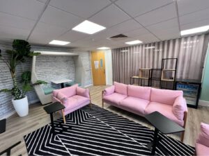 bespoke office furniture with pink sofas